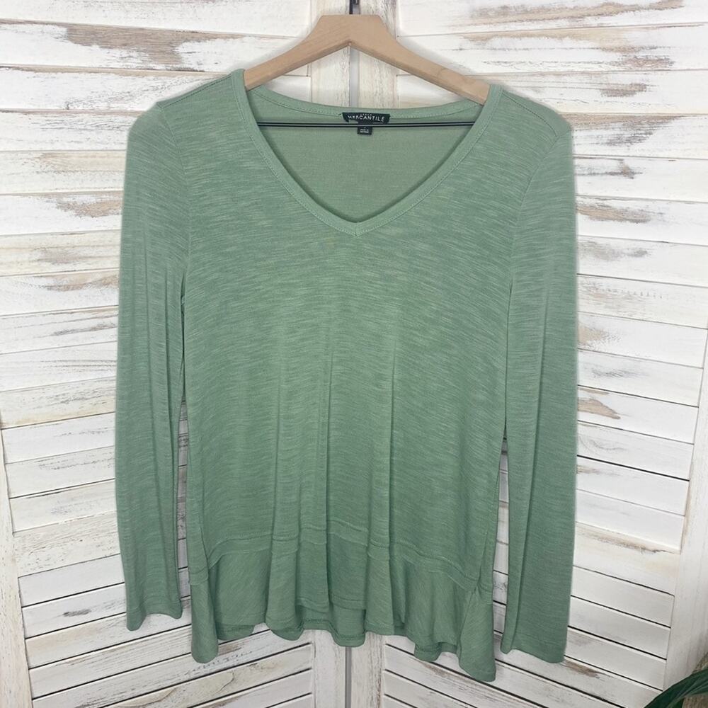 J. CREW MERCANTILE Small V Neck Lightweight Sweater Top Ruffle Hem Light Green - Picture 2 of 11